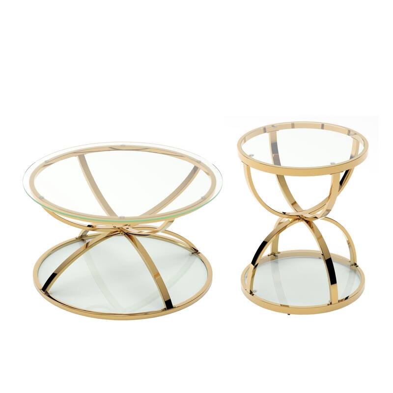 Modern 2 Tiers Glass Coffee Table with Ring-Shaped Metal Frames