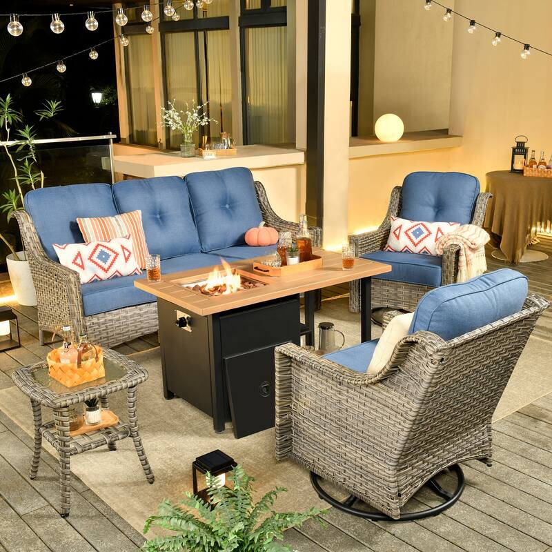 OVIOS 5 Pieces Outdoor Wicker Curved Swivel Chair Set With Fire Table