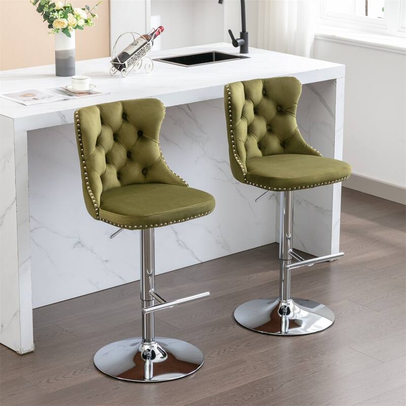 2 Piece Adjustable Swivel Velvet Upholstered Barstool with Chrome Base