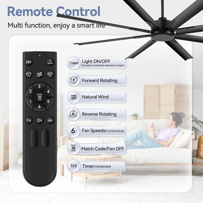 Large 72"/84"/96"/120" Black Ceiling Fan with Remote without Light-6/8 Aluminum Blades