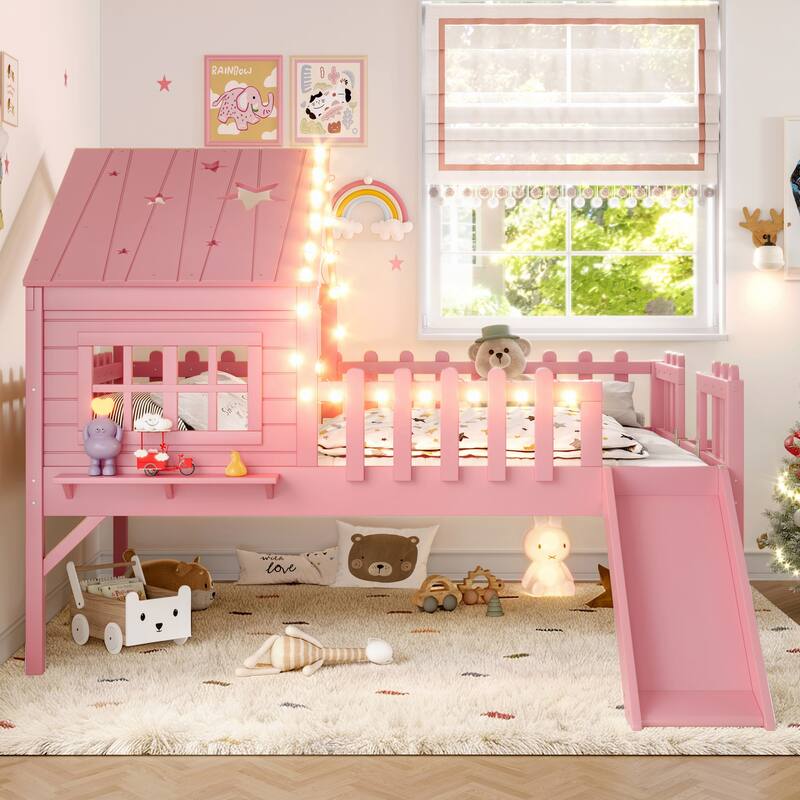 House Loft Bed with Slide and LED Lights, Kids Playhouse Bed with Star & Moon Cutout Roof and Window, Low Loft Bed