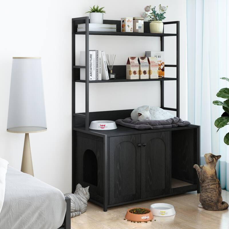 Multi-Functional Cat Litter Box Enclosure, Wooden Cat House with Scratch Pad and Shelf Storage