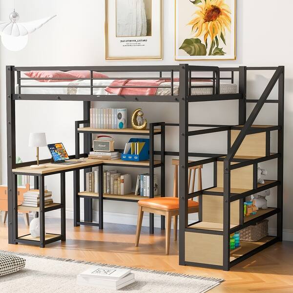 slide 2 of 12, Full Metal Loft Bed with Storage Staircase, Desk, 3-Tier Shelf, and Guardrail Black
