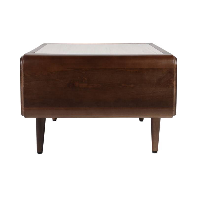 Wood and Travertine Console Table with Open Shelf and Curved Design