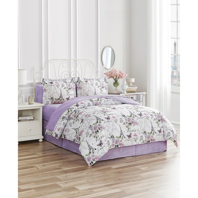 CEDAR COURT Paris Floral Lilac Soft Microfiber Reversible Comforter Set