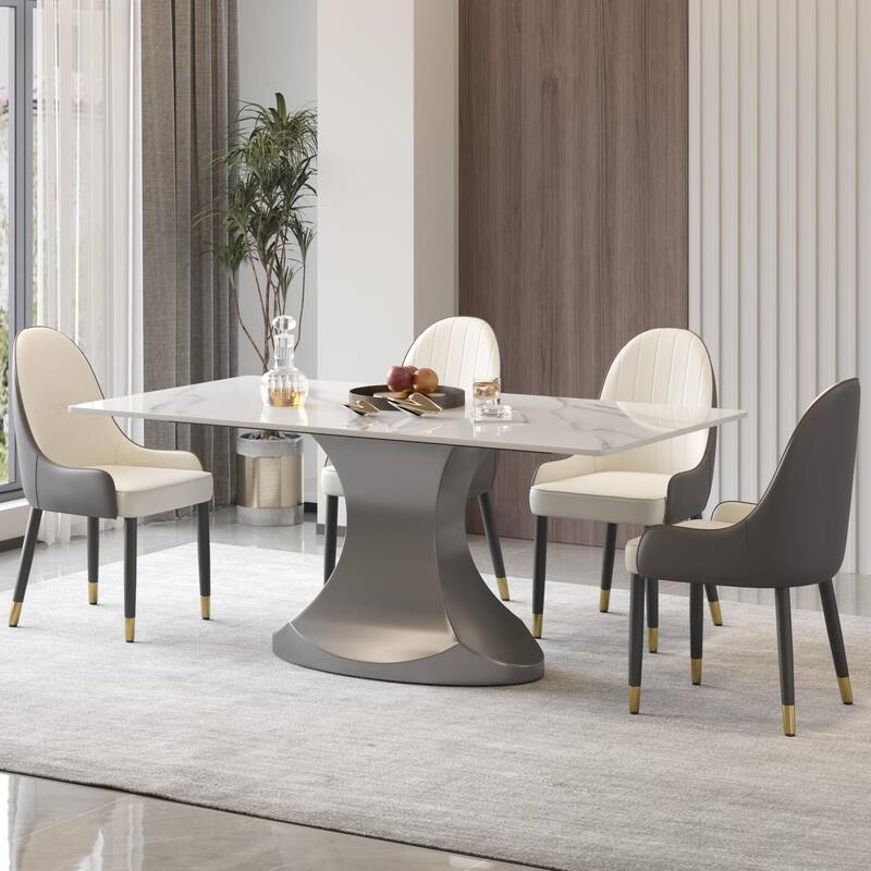 Rectangular Dining Table, Faux Marble Kitchen Dining Table with Grey Pedestal.