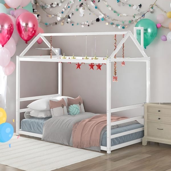 slide 2 of 9, Twin Size Playful House Platform Bed With Roof And Chimney White