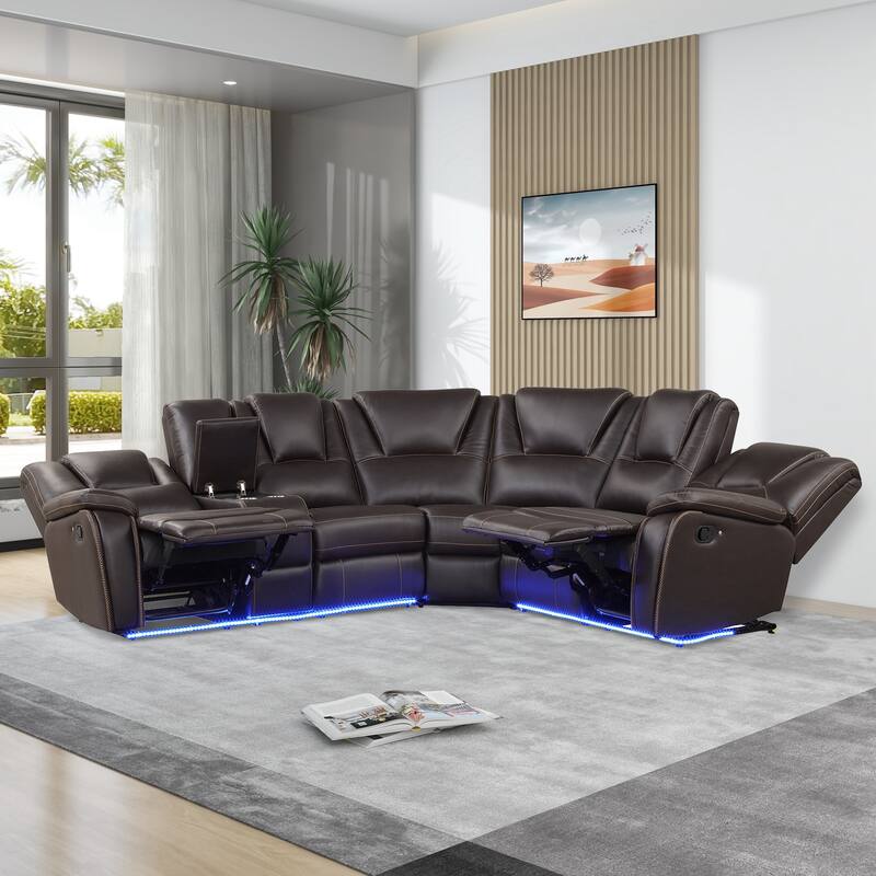 Modern Faux Leather Manual Reclining with LED Light Strip with 2 Cup Holders - Brown