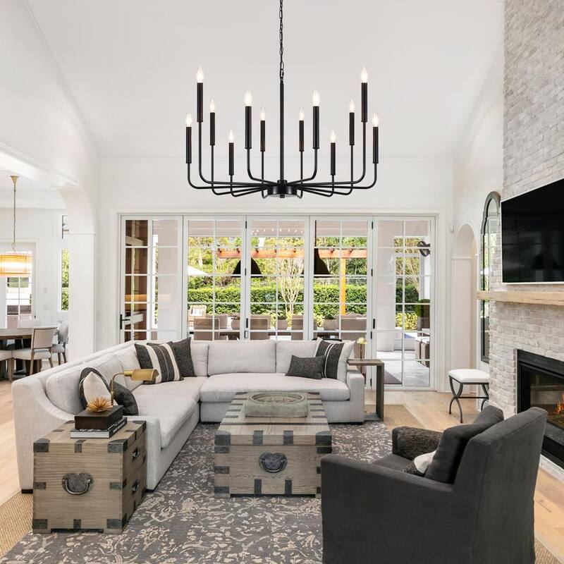 12-Light Rustic Candle Style Hanging Linear Chandelier Lighting for Kitchen Island