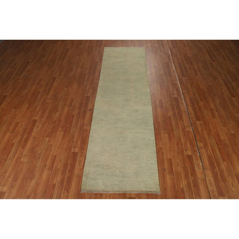 Hand Knotted Oriental 100% Wool Carpet Modern Modern Green Gabbeh Runner Rug - 9' 9'' X 2' 9''