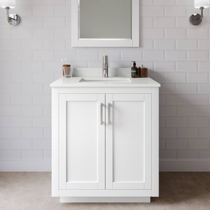 Wyndham Collection WCF292930S-QTZ-UNSM24 Miranda 30" Free Standing - White / White Quartz Top / Brushed Nickel Hardware
