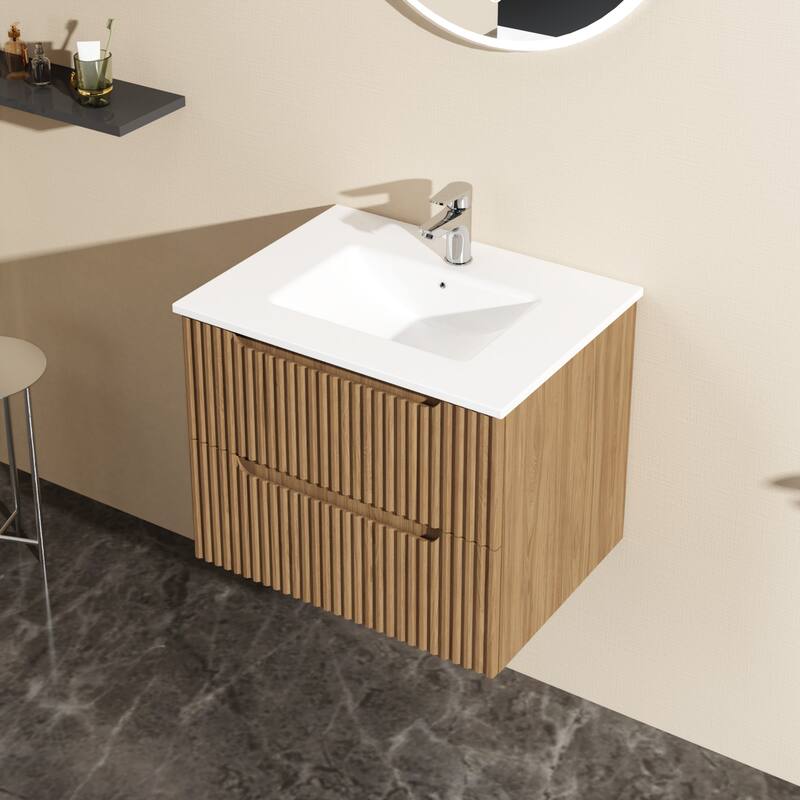 Modland 24" Wall-Mount Bathroom Vanity with Soft-Close Drawers & U-Shape Design - With/Without Sink, Walnut