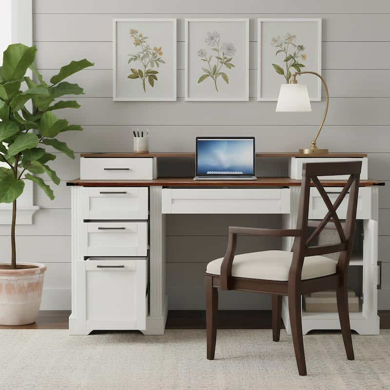 59 Inch Farmhouse Office Desk with Charging Station, Barn Door Desk with File Drawer Monitor Stand and Keyboard Tray
