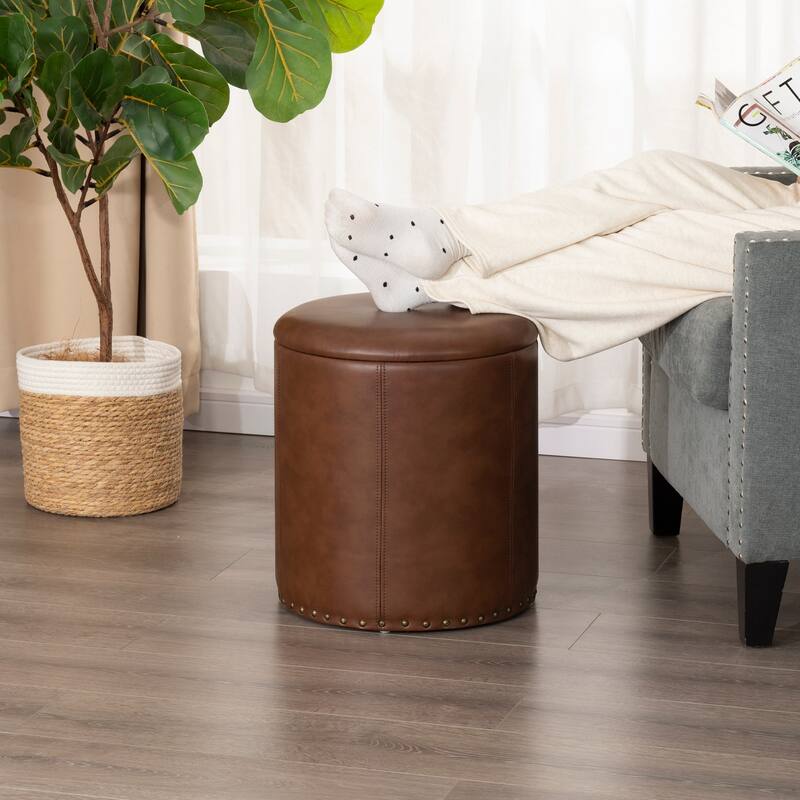 Adeco Round Faux Leather Storage Ottoman with Nailhead Trim