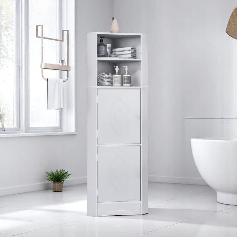 Freestanding Bathroom Corner Storage Cabinet with 2 Doors, Adjustable Shelves, Waterproof MDF, Triangle Design