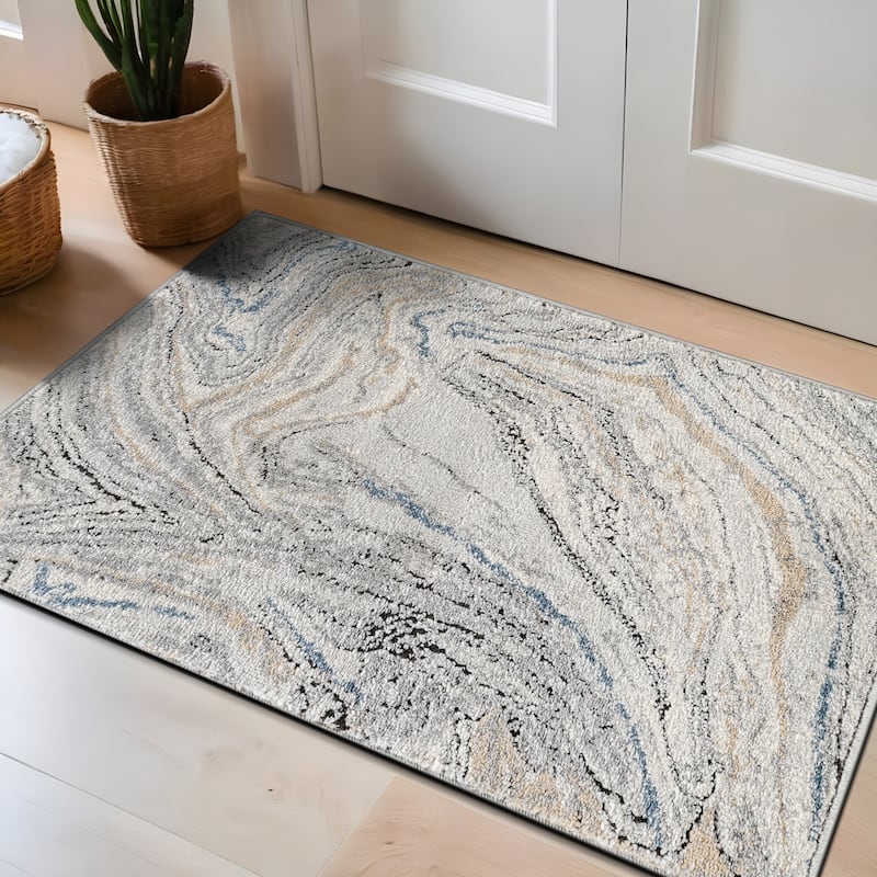 Marble Swirl Distressed Area Rug - Low-Pile Rug for Living Room, Bedroom - Polypropylene/Polyester with Jute Backing - 2' x 3'