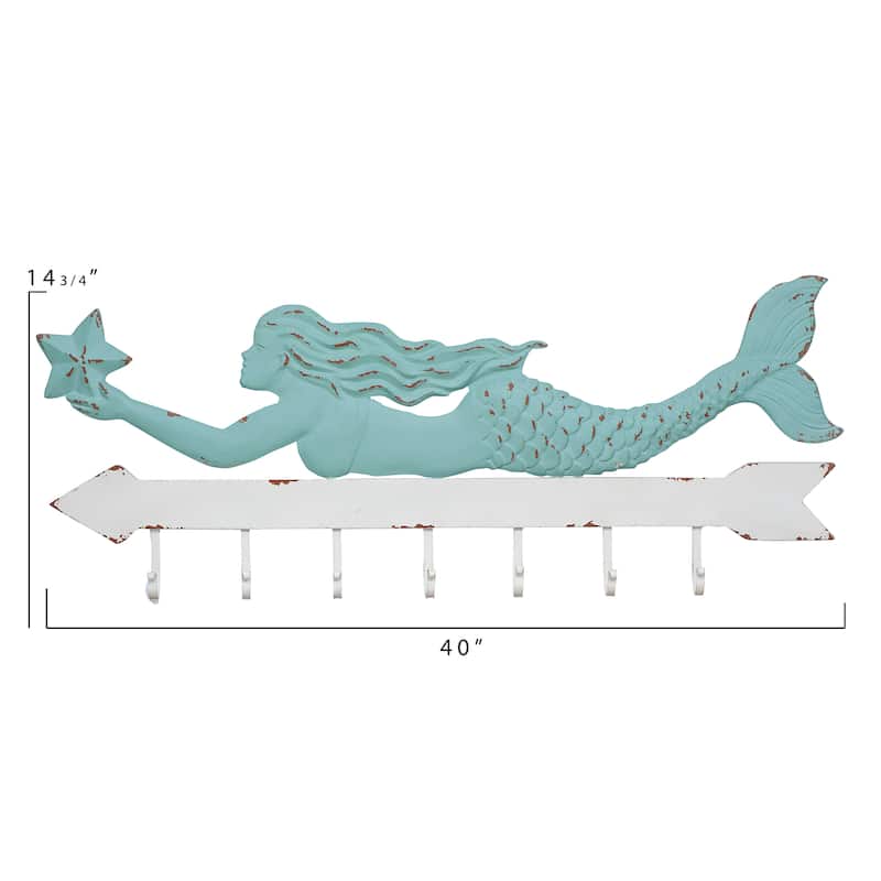 Aqua and White Metal Mermaid Wall Decor with 7 Hooks