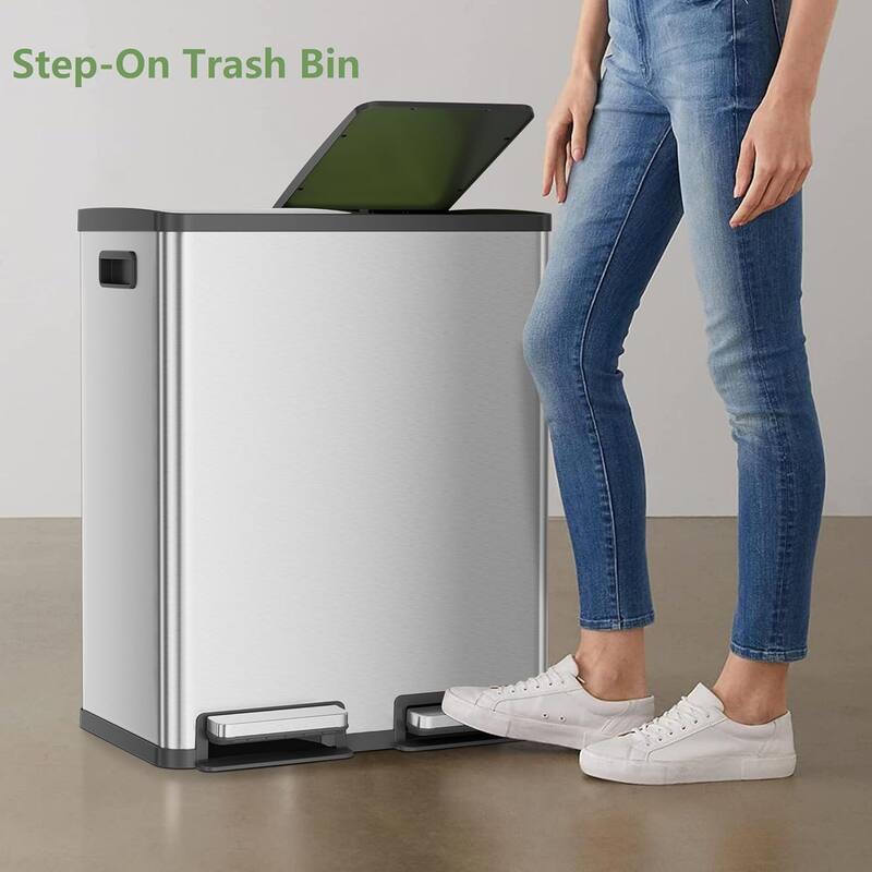 Kitchen Trash Can, 16 Gallon Garbage Can with Dual Inner Bins, Large Capacity 60 Liter Trash Can with Soft-Close Foot Pedal