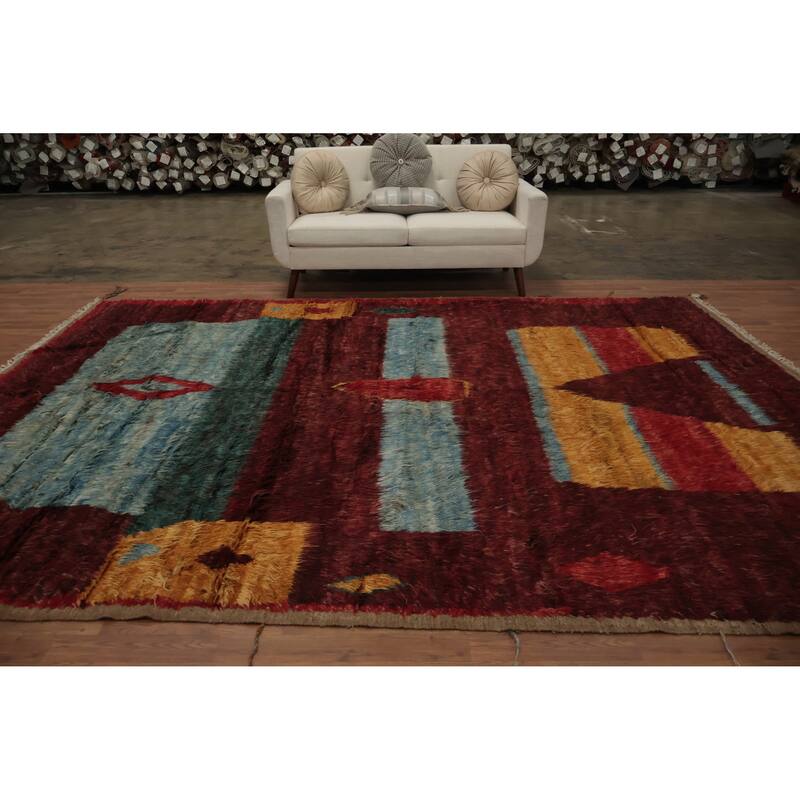 Hand Knotted Oriental 100% Wool Carpet Modern Tribal Red Moroccan Area Rug - 12' 1'' X 8' 11''