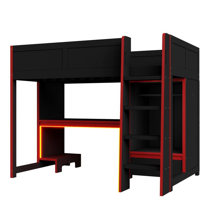 Solid Wood Gaming Loft Bed with Bulit-in Desk and Wardrobe, Twin/Full Size Loft Bedframe with LED Light and 1 Storage Drawer