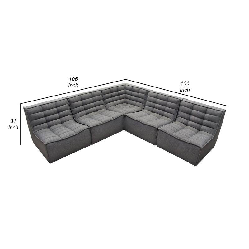Ema 5pc L Shape Modular Sectional Corner Sofa, Grid Tufted Gray Polyester