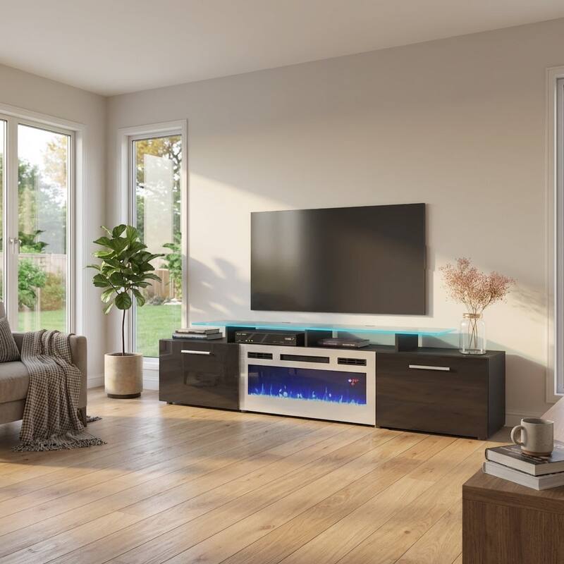 Meble Furniture Rova WH-EF Electric Fireplace 75" TV Stand and High Gloss Finish for up to 85" TVs