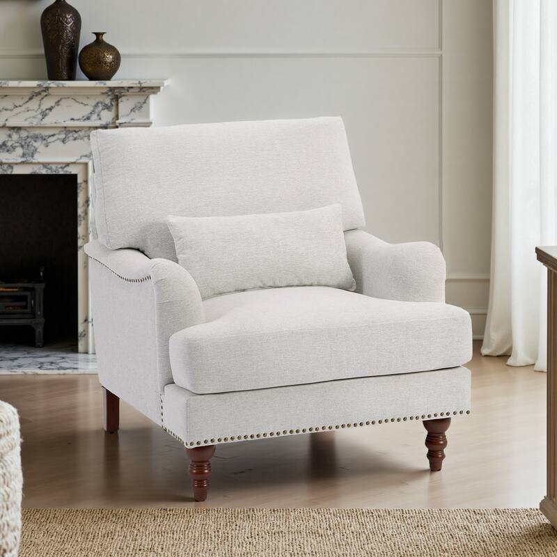 Oversized Accent Chair Chenille Upholstered Armchair With Rivets - Beige