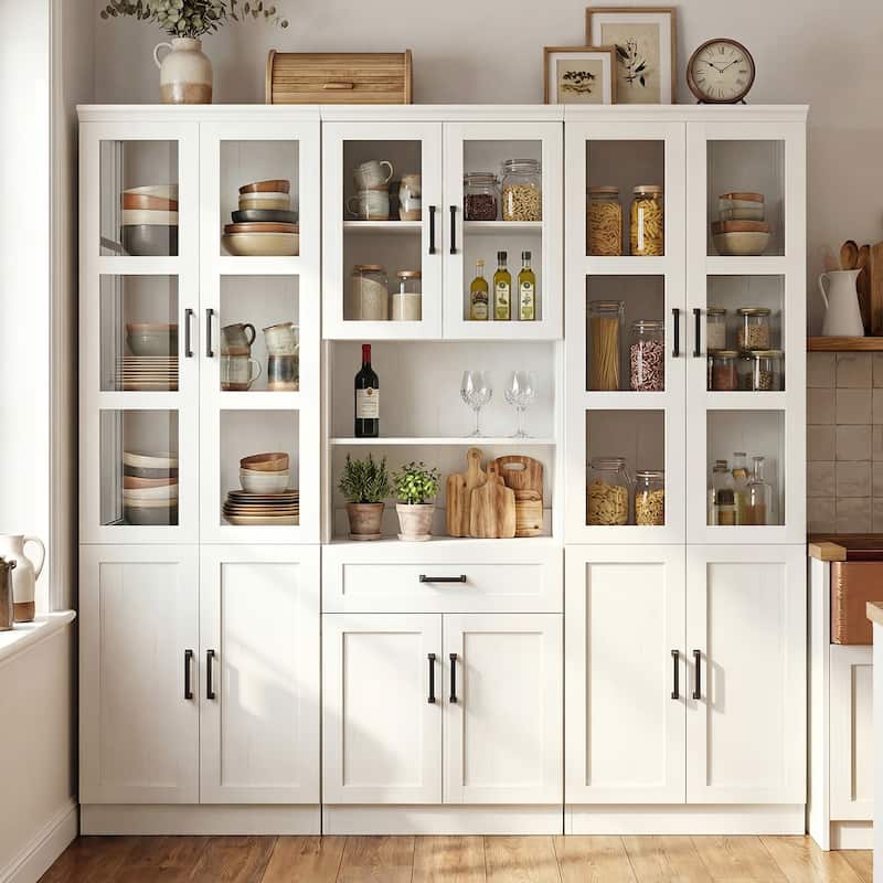Set of 3 Freestanding Display Bookcase with Glass Doors & Adjustable Shelves & Drawer, for Living Room, Dining Room,Home Office.
