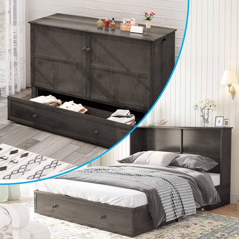 Mixoy Modern Murphy Bed with Mattress and USB Port,Storage Bed with Drawer