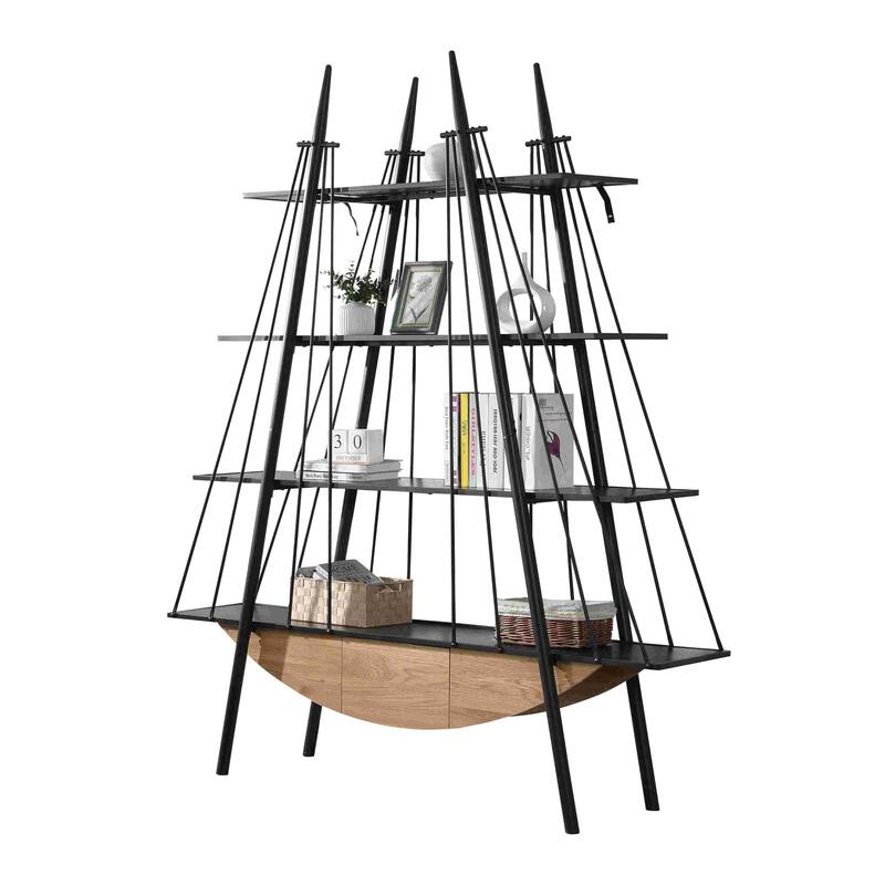 Sailboat-Inspired Bookshelf, 70.87 inch Industrial 4-Tier Open Storage Shelf with Drawer, Wooden & Metal Freestanding Bookcase