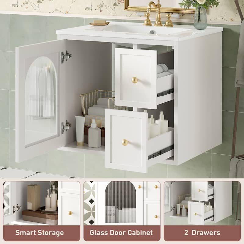 24" Bathroom Vanity Set Wall Mounted for Small Space, Bathroom Cabinet with Ceramic Sink, 2 Drawers and 1 Soft-Close Door