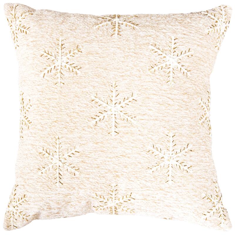 20" Natural And Gold Snowflakes Christmas Throw Pillow With Embroidery