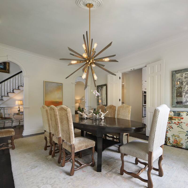 8-Light Gold Wood Farmhouse Sputnik Firework Chandelier Hanging Pendant Lighting - 40.2