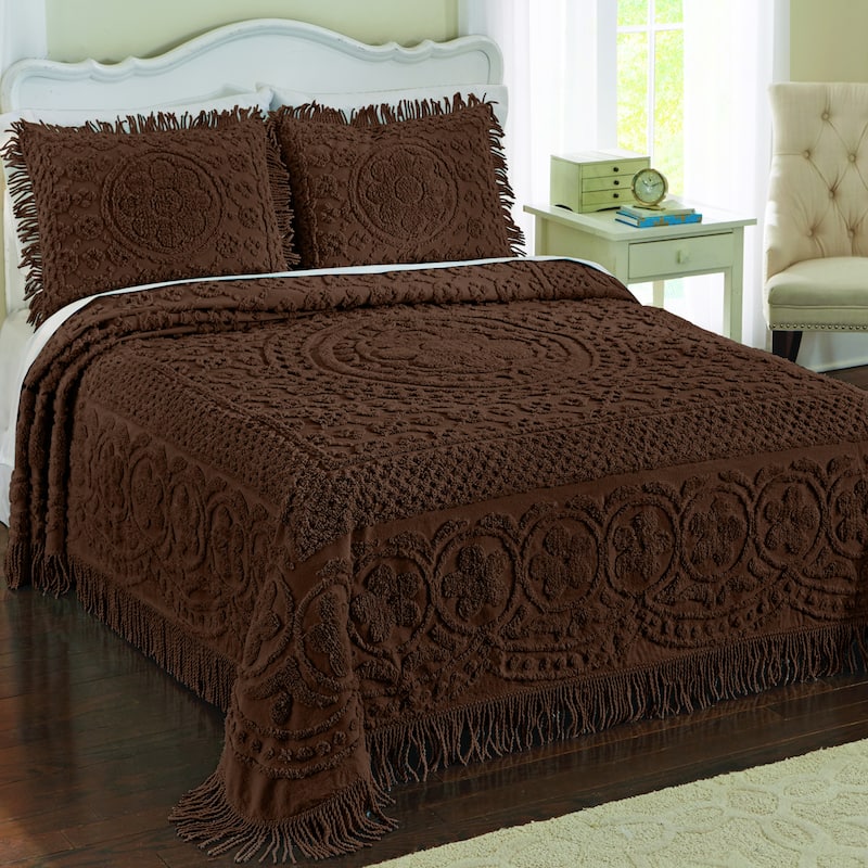 Calista Chenille Bedspread with Fringe Border - Chocolate - King