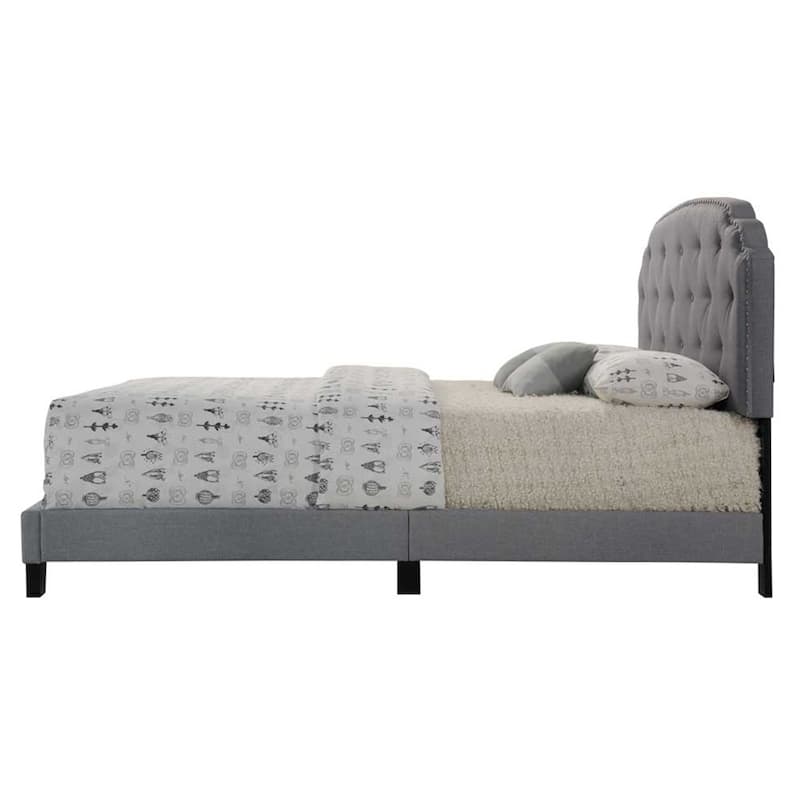 Queen Size Upholstered Panel Bed with Nailhead Trim and Arched Headboard