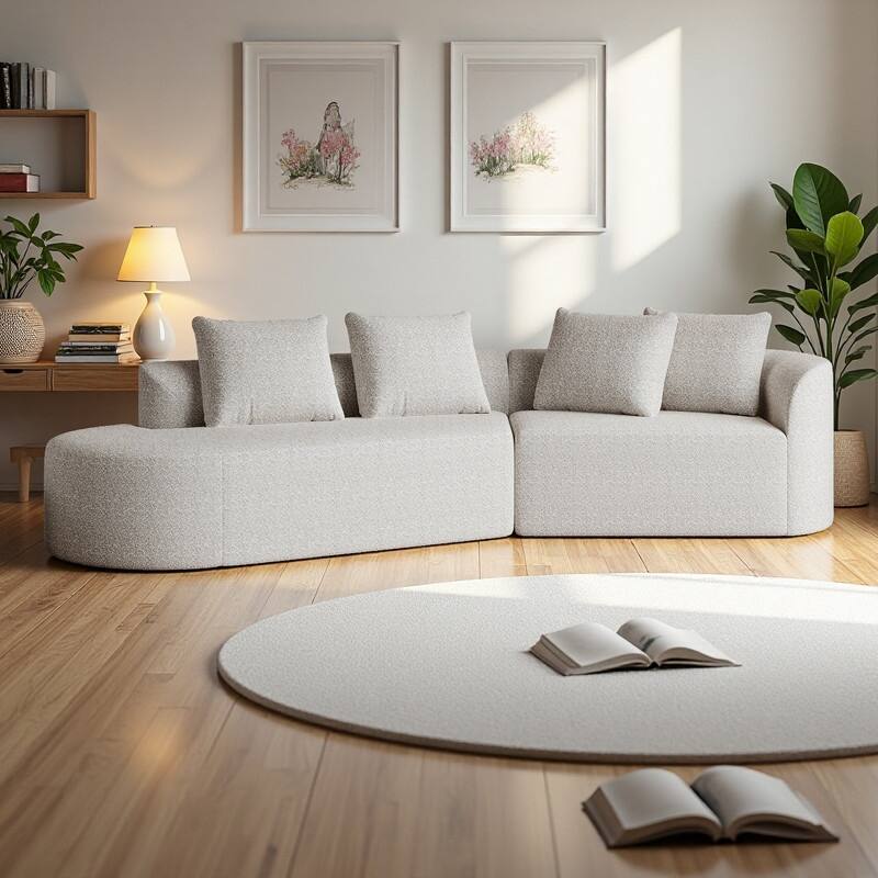 112" Chenille Curved Sectional Sofa with 4 Pillows, Extra Deep Seating and No Assembly Required - khaki