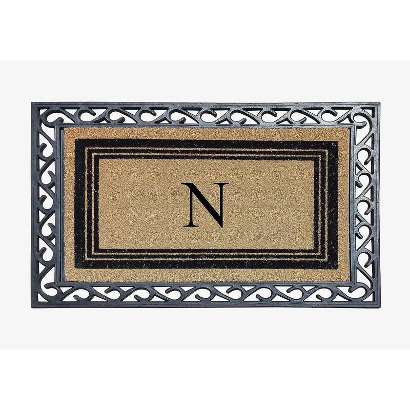 A1HC Natural Coir & Rubber Monogrammed Entrance Door Mats, Non-Slip, Flock Doormat, Thin-Profile Indoor Outdoor Doormat 24"x36" - N