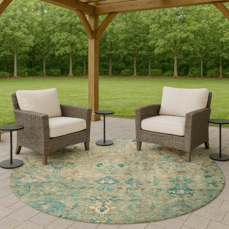 Machine Washable Indoor/ Outdoor Traditional Serenity Chantille Rug - Teal - 8' x 8'