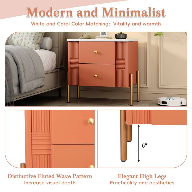 Modern Fluted Nightstand with 2 Drawers, Golden Metal Handles and Legs, Multi-Scene Use, Easy Assembly, Orange