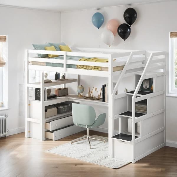 slide 2 of 18, Multifunctionl Design Twin Size Loft Bed with Desk and Shelves, Two Built-in Drawers, Storage Staircase, Maximized Space, White White