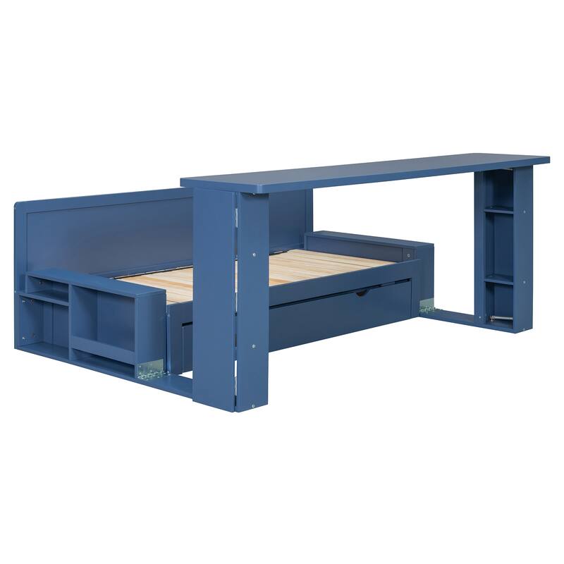 4-in-1 Multifunctional Daybed Storage Bed Frame with Removable Desk, Drawers, Bookcase Shelves and Hydraulic Side Tables