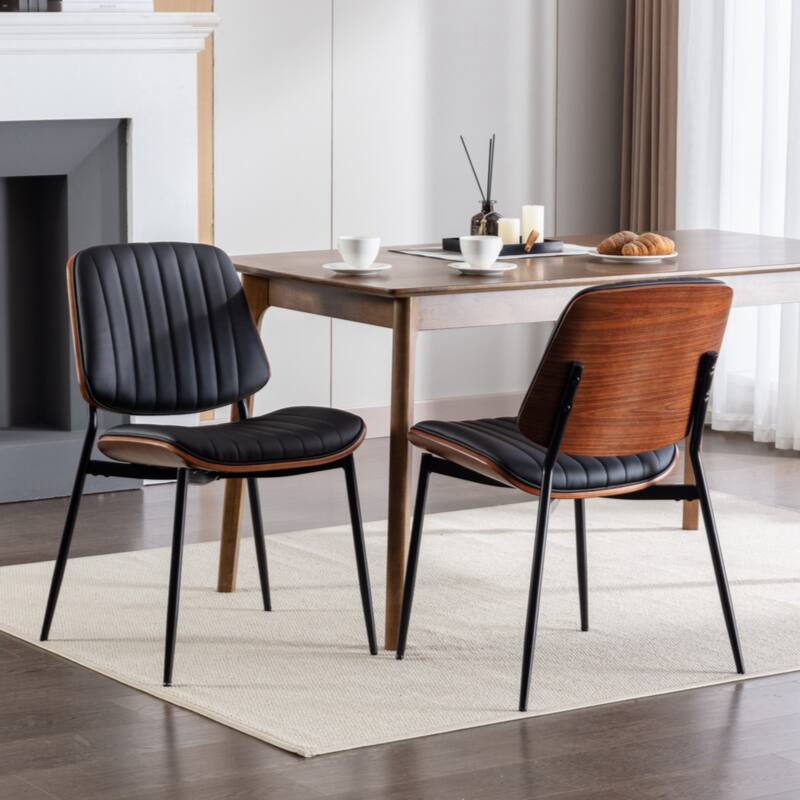 Dining Chairs Set of 2 Mid Century Modern Retro Faux Leather Chair with Walnut Bentwood Back