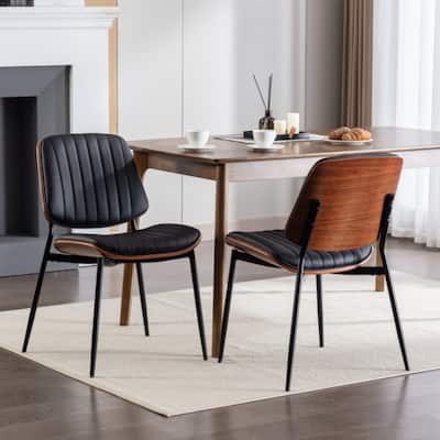 Dining Chairs Set of 2 Mid Century Modern Retro Faux Leather Chair with Walnut Bentwood Back