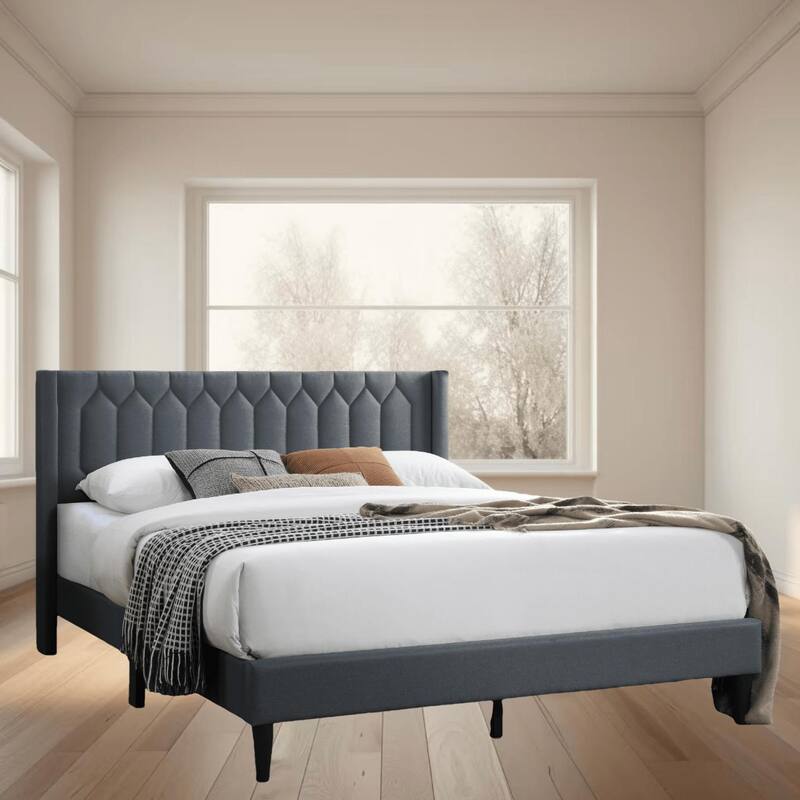 Modern Queen Size Platform Bed with Diamond Design Headboard, Charcoal Burlap Upholstered Bed Frame, Bedroom Furniture - Charcoal - Queen