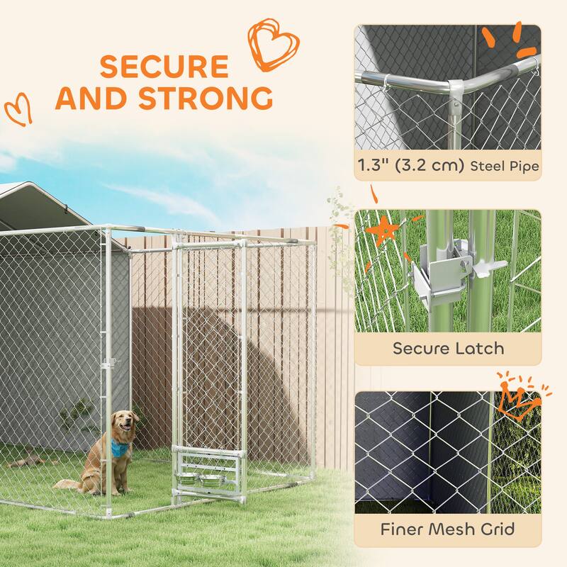 PawHut Large Outdoor Dog Kennel, Heavy Duty Dog Kennel Outside with Waterproof & UV-Resistant Cover, Rotating Bowls Door