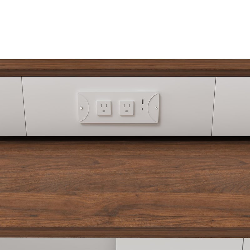 Kitchen Island with Extendable & Rotating Table, Kitchen Table with Power Outlet, 4 Drawers & Glass Door Cabinets