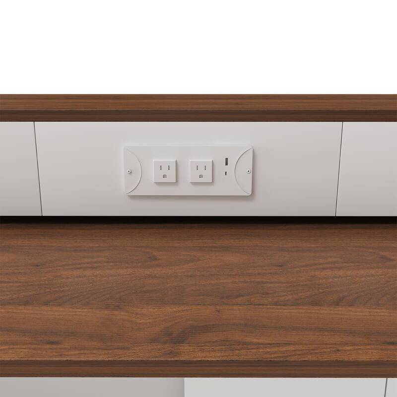 Kitchen Island with Extendable Rotating Table, 4 Drawers, Glass Doors & Built-in Socket