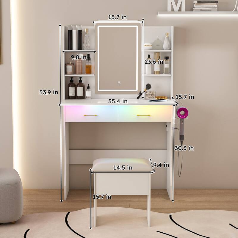 Vanity Desk with LED Lights Mirror & Power Outlet