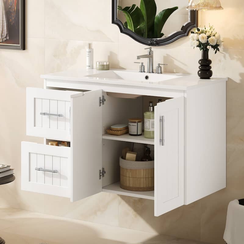 36" Wall Mounted Bathroom Vanity with 2 Drawers, Floating Vanity with Ceramic Sink & Adjustable Shelf, Modern Bathroom Storage - White