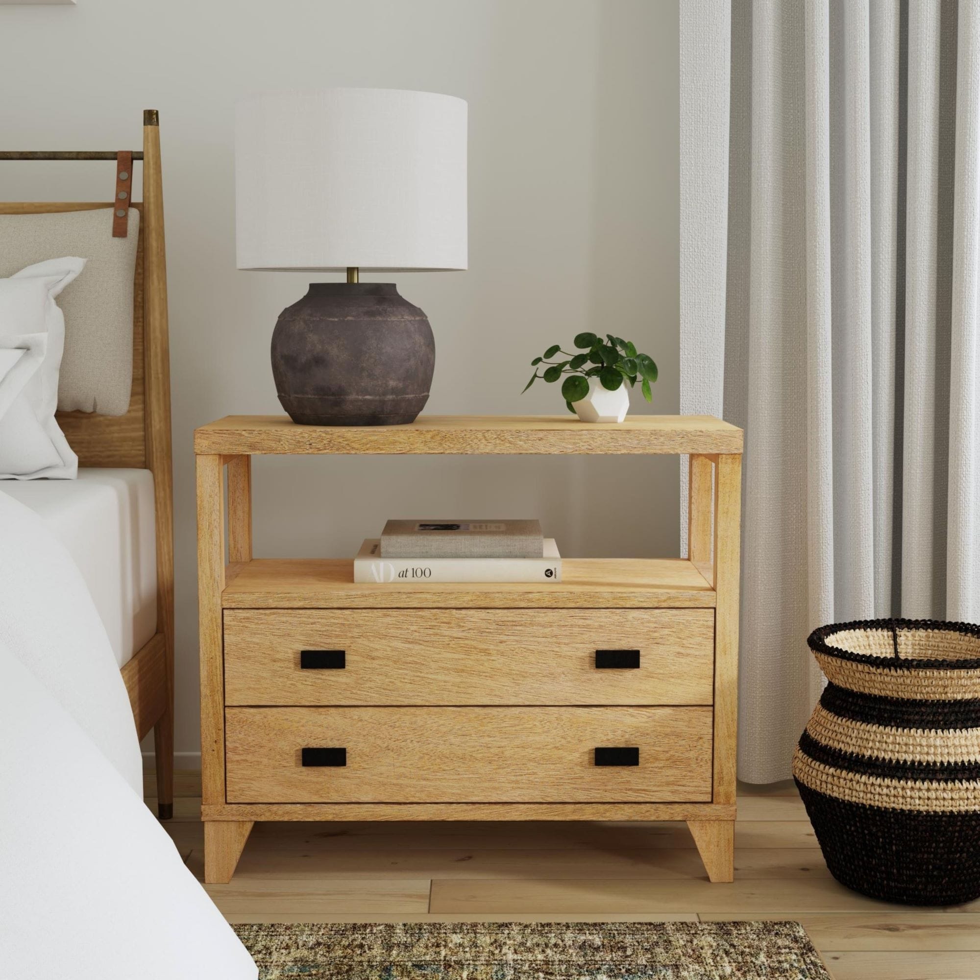 Handmade Wood 2 Drawer Nightstand with Open Shelf by East at Main